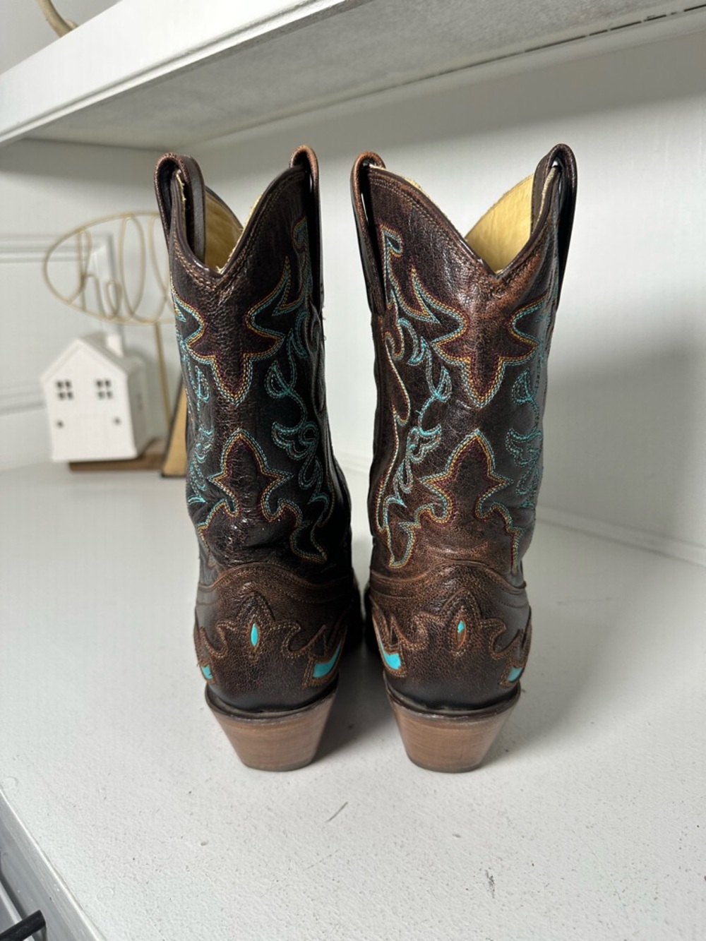 Corral Boots Womens 7M Brown Turquoise Inlay Western Cowboy Boots Embroidered - Picture 6 of 9